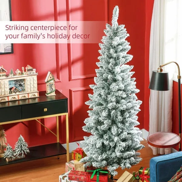 6ft Pencil Christmas Tree, Flocked Tree With 479 Branch Tips And Metal Base For Home, Indoor, Holiday