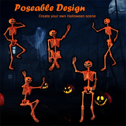 5.5ft Life-Size Halloween Skeleton With Pumpkin Head - Orange Color, Fully Poseable Joints Jaw Shoulders Knees , PP PE Material
