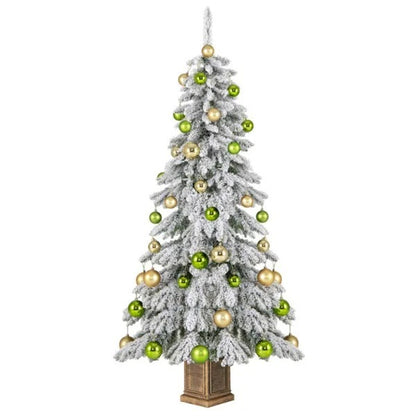 6ft Flocked Christmas Tree With 589 Branch Tips - Snow-Laden Design, 48 Xmas Balls Included, Fireproof PVC Material