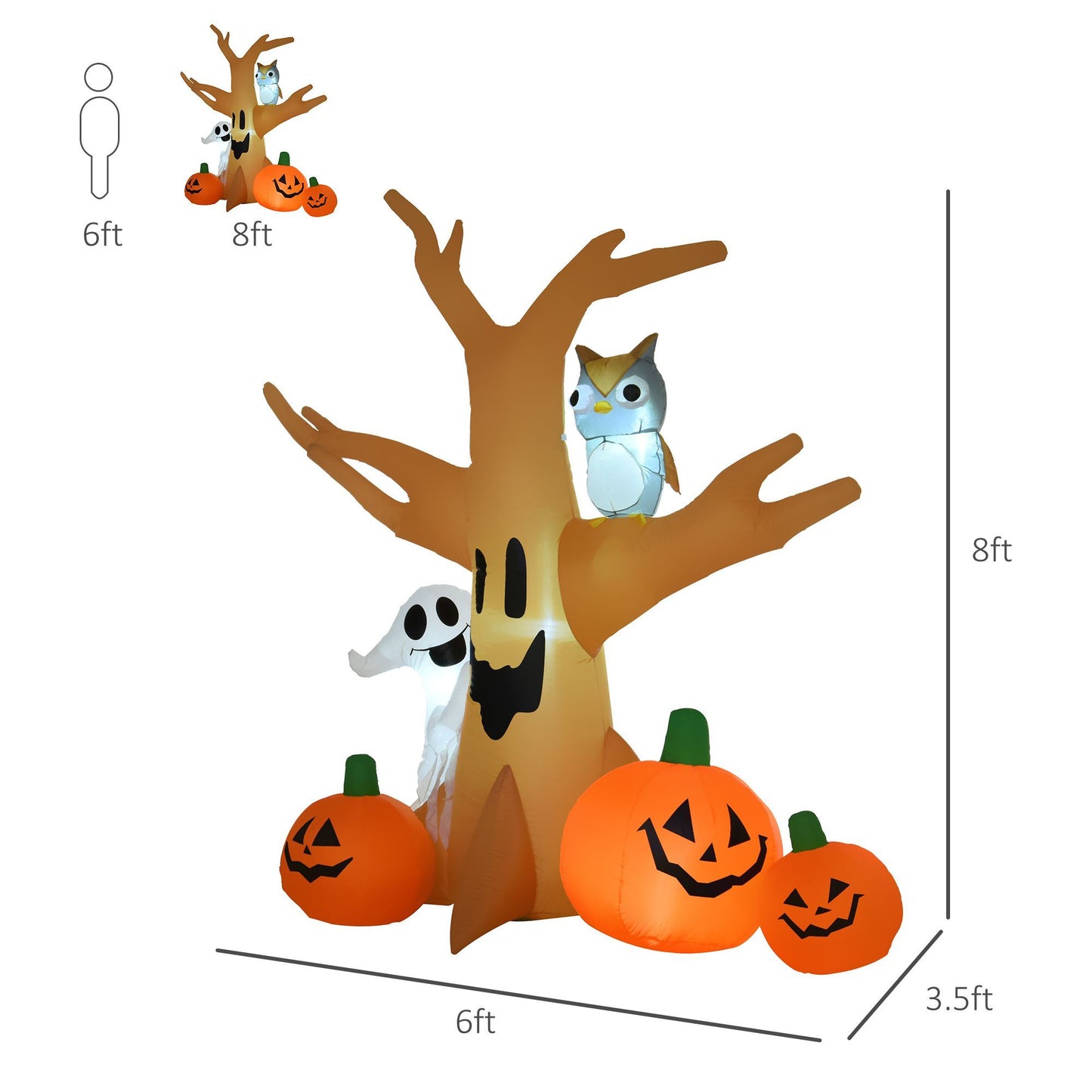 Inflatable Halloween Decoration Haunted Tree With Owl, Ghost, Pumpkins, Blow-Up Outdoor LED Display For Lawn, Garden, Party