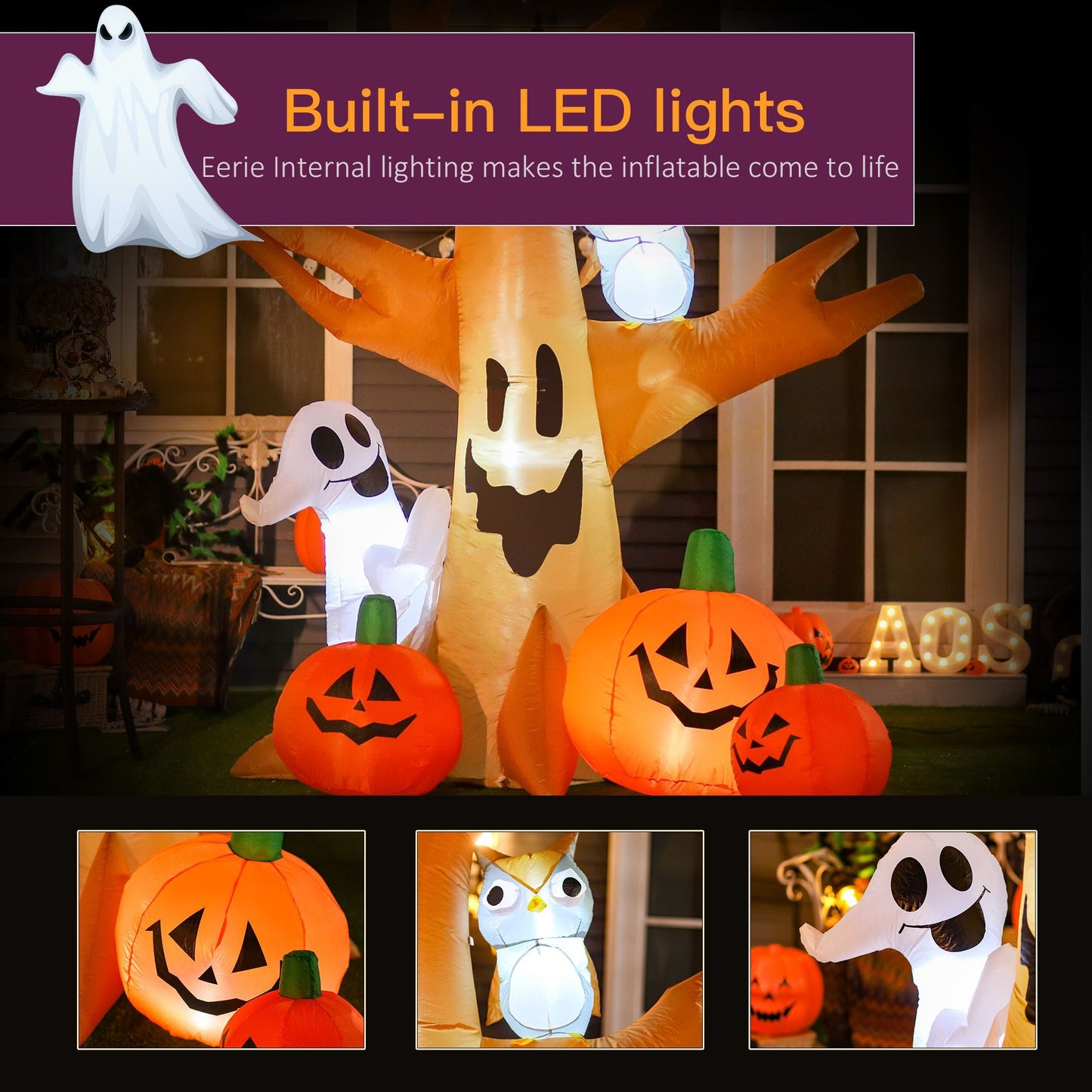 Inflatable Halloween Decoration Haunted Tree With Owl, Ghost, Pumpkins, Blow-Up Outdoor LED Display For Lawn, Garden, Party