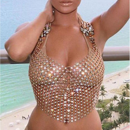 Stylish crystal body chain chest strap adorned with sparkling gems, perfect for beachwear or special occasions.