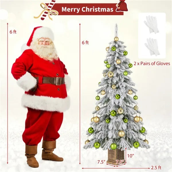 6ft Flocked Christmas Tree With 589 Branch Tips - Snow-Laden Design, 48 Xmas Balls Included, Fireproof PVC Material