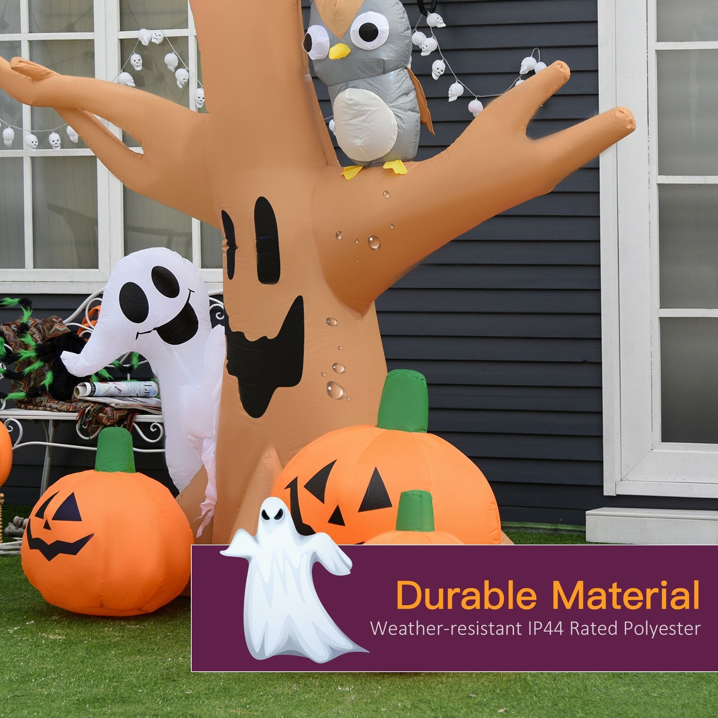 Inflatable Halloween Decoration Haunted Tree With Owl, Ghost, Pumpkins, Blow-Up Outdoor LED Display For Lawn, Garden, Party