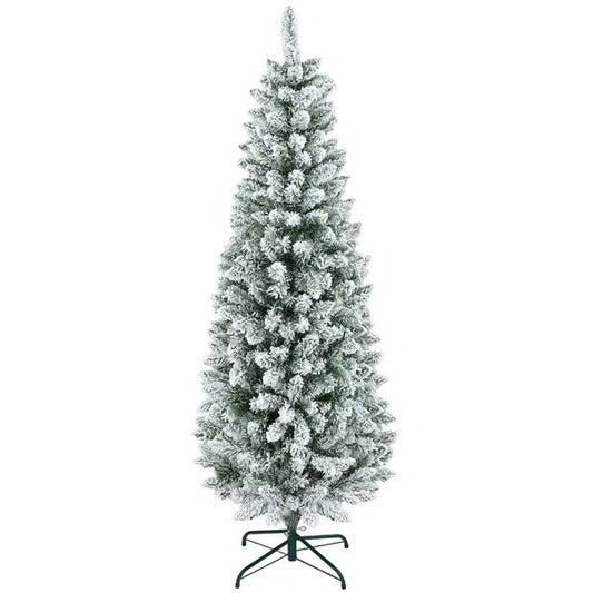 6ft Pencil Christmas Tree, Flocked Tree With 479 Branch Tips And Metal Base For Home, Indoor, Holiday