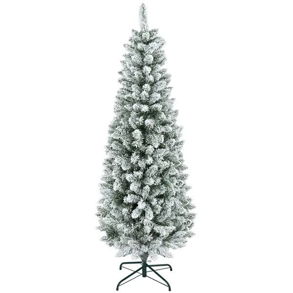 6ft Pencil Christmas Tree, Flocked Tree With 479 Branch Tips And Metal Base For Home, Indoor, Holiday