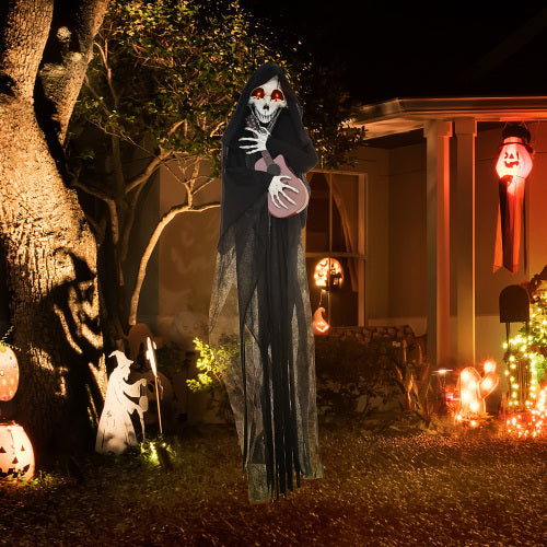 HOMCOM 4.3 Outdoor Halloween Decoration Animatronic Guitar-playing Grim Reaper, Sound And Motion Activated Animated Prop With Light Up Eyes  Guitar Music