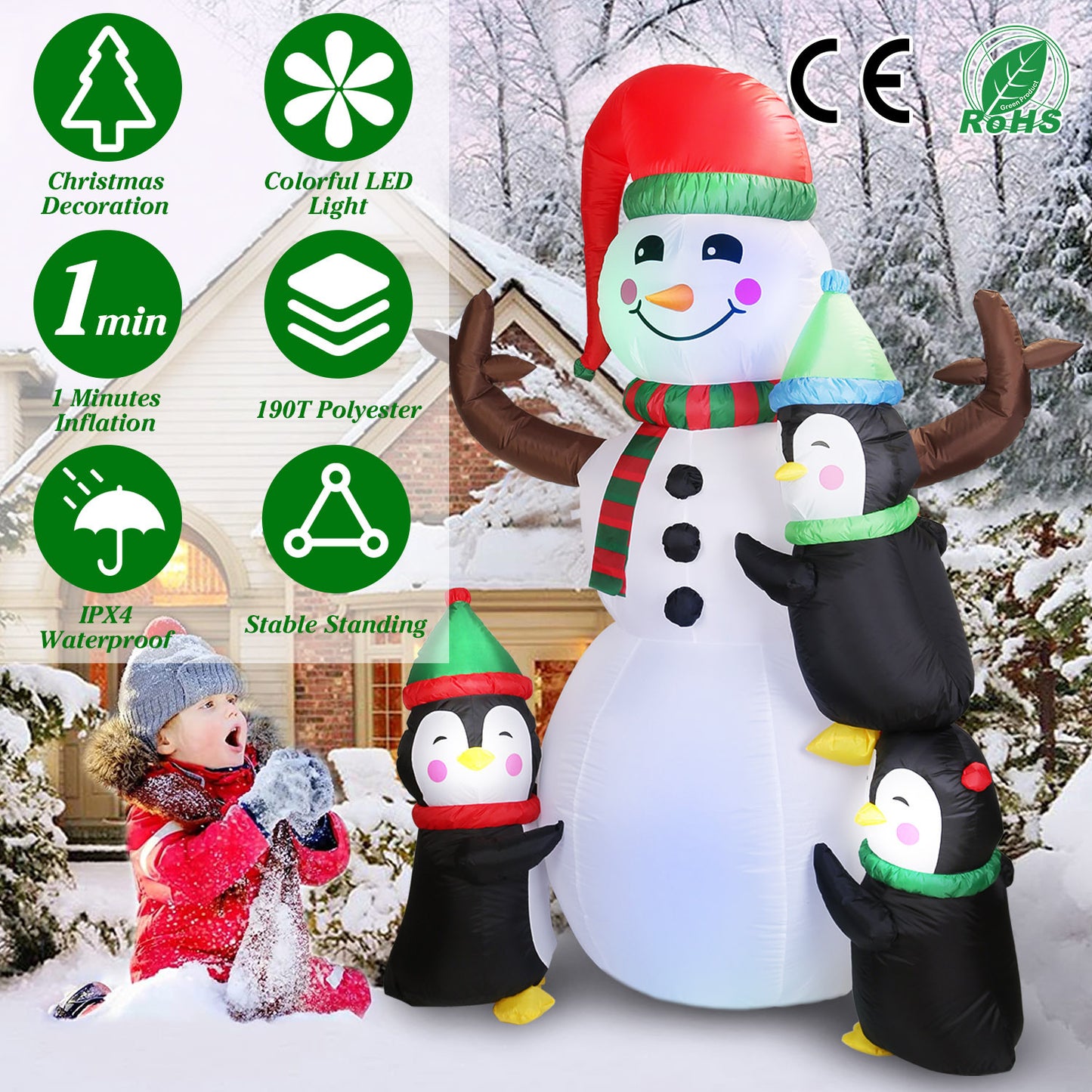 1Pc 5.9FT Christmas Inflatable Outdoor Decoration Snowman Penguin Blow Up Yard Decoration With LED Light Built-in Air Blower For Winter Holiday Xmas Garden
