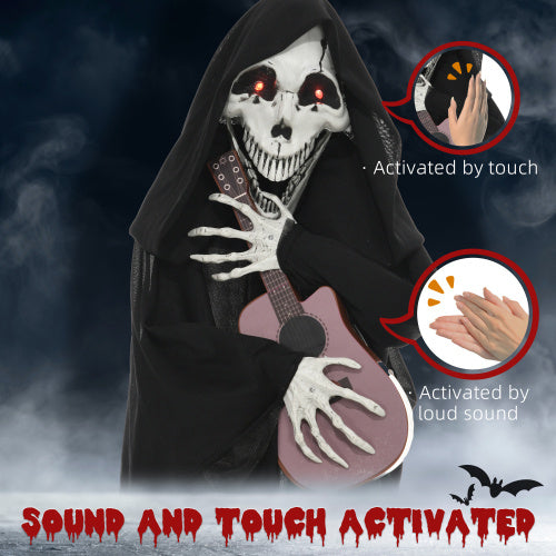HOMCOM 4.3 Outdoor Halloween Decoration Animatronic Guitar-playing Grim Reaper, Sound And Motion Activated Animated Prop With Light Up Eyes  Guitar Music