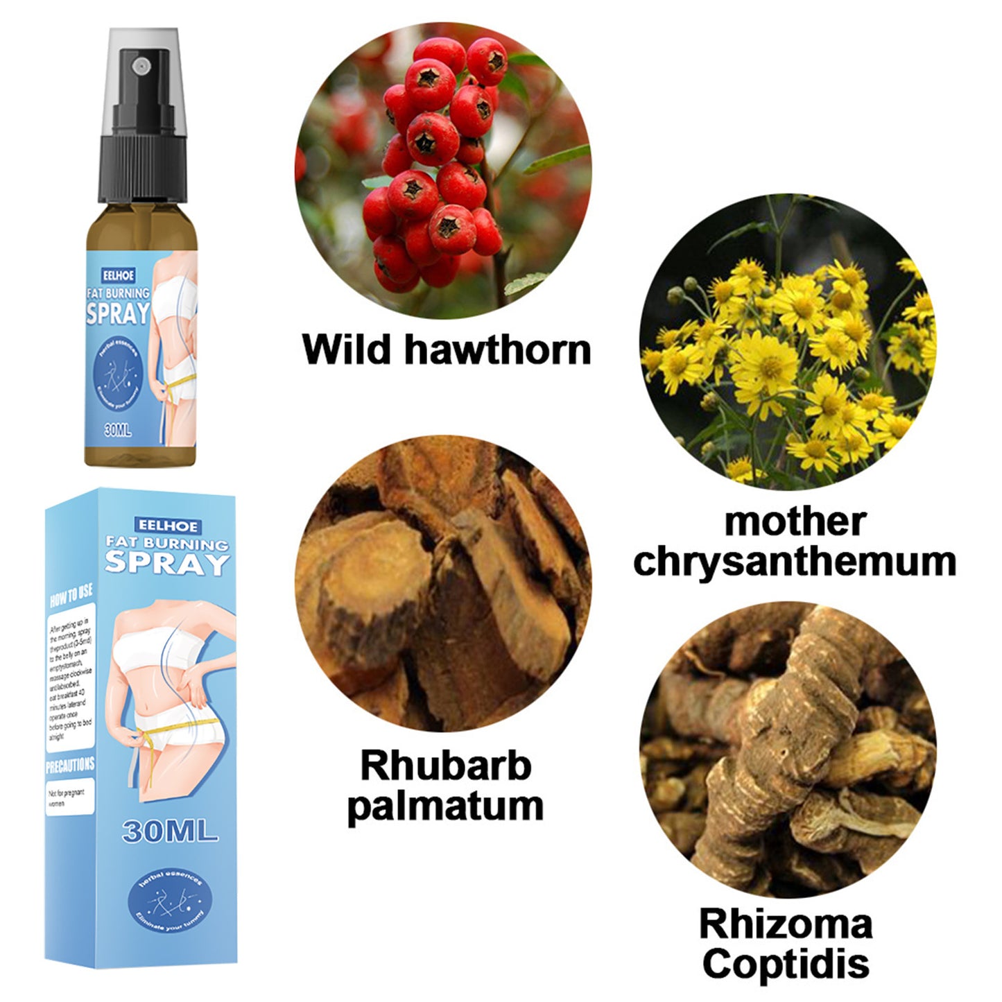 Full body slimming spray with wild hawthorn, mother chrysanthemum, rhubarb palmatum, and rhizoma Coptidis ingredients.