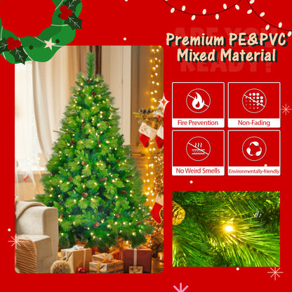 6 Feet Long Grass Green Christmas Tree, Big Branch Pine Tree, Pre-Installed Lighting Set With Tree & Garland & Garland, Artificial Christmas With Pine Cone, Articulated Christmas Tree For Holiday Part